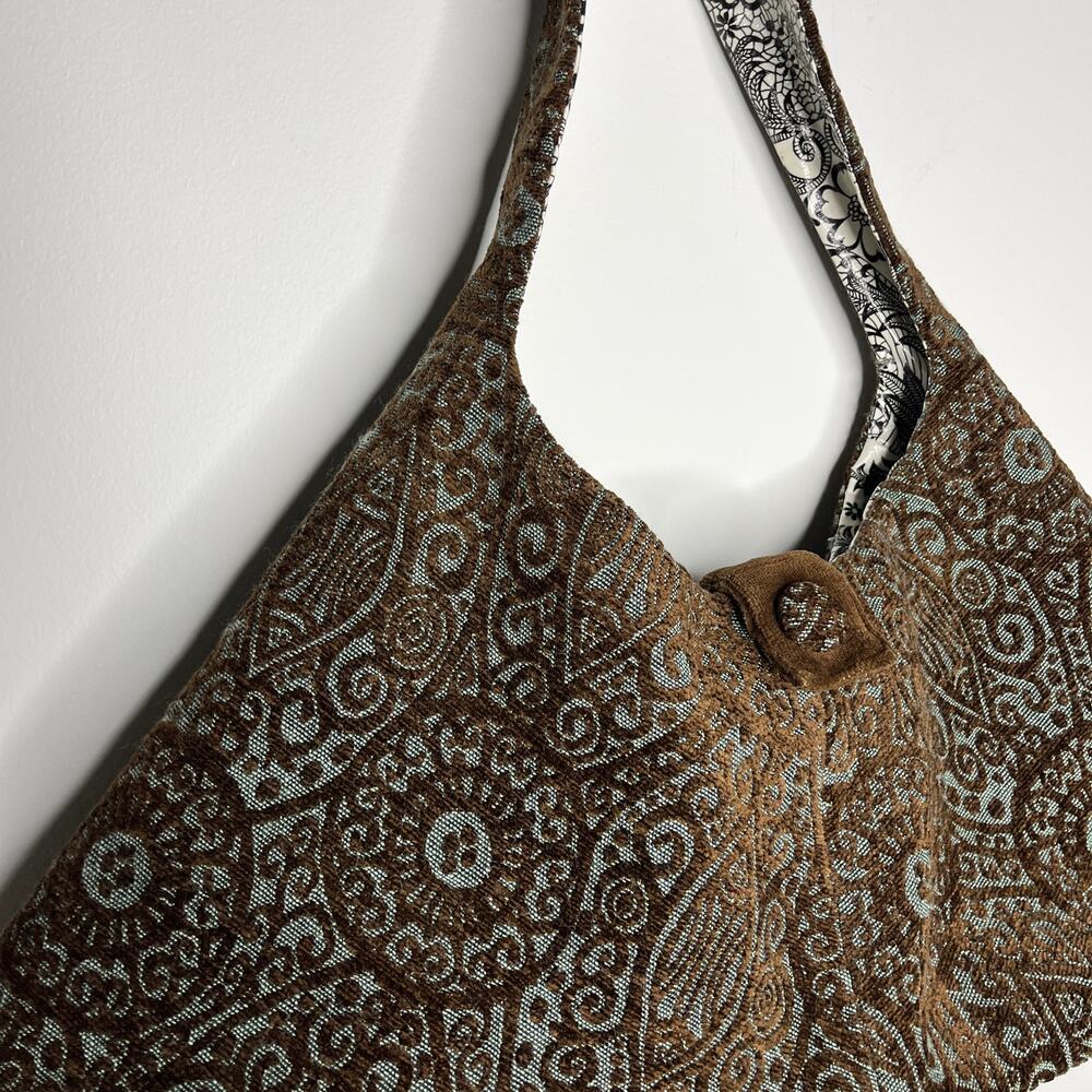 Offhand Designs Crescent Shoulder Knitting Bag Brown Textured Woven Artisanal - Picture 3 of 8